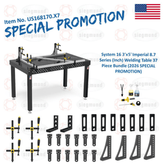 US168170.X7: System 16 3'x5' (36"x60") Imperial 8.7 Series (Inch) Welding Table 37 Piece Bundle (2026 SPECIAL PROMOTION) - System 16 Imperial Series Welding Tables by Siegmund - The Flattest, Most Reliable Welding Tables & Fixturing Accessories in the World