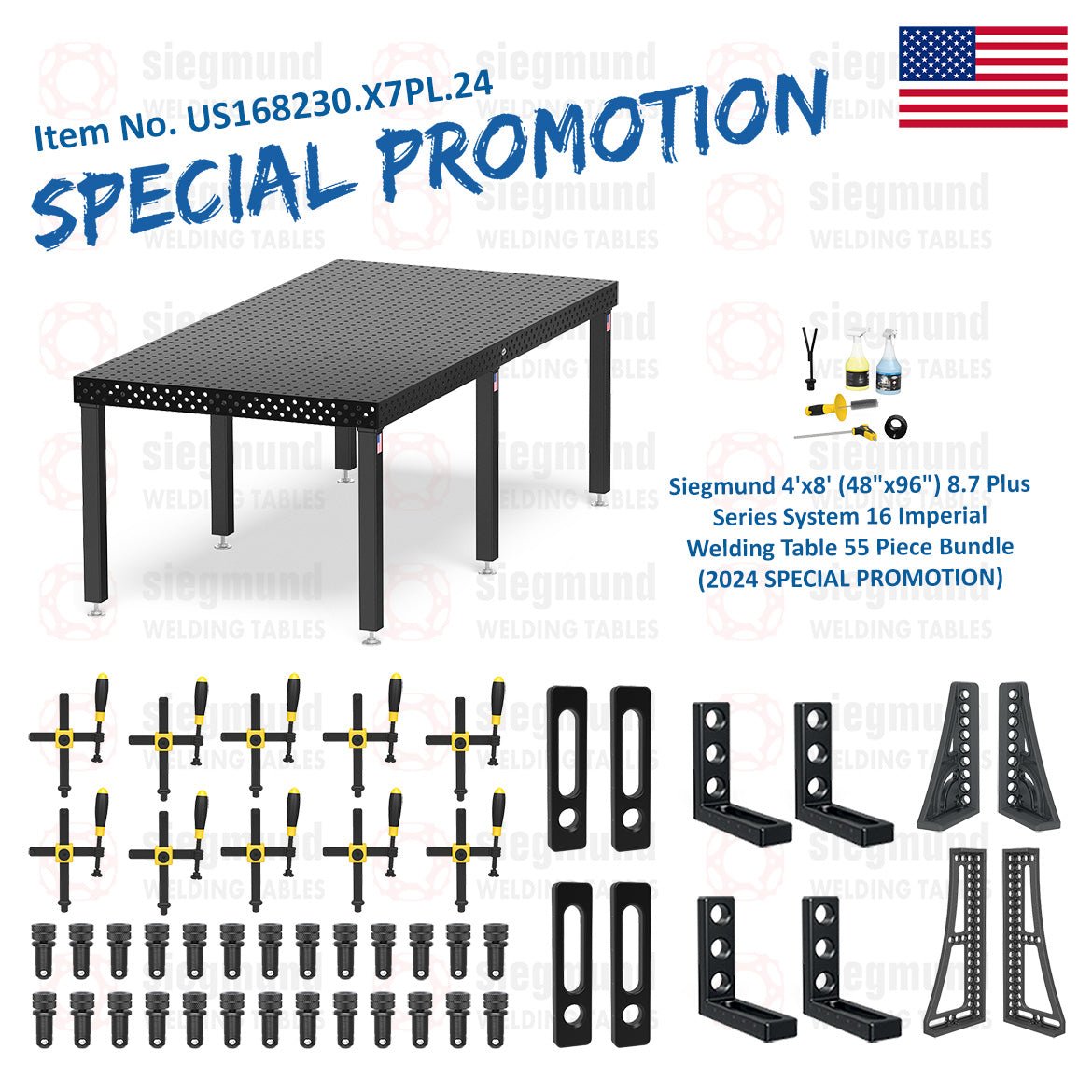 US168230.X7PL.24: Siegmund 4'x8' (48"x96") 8.7 Plus Series System 16 Imperial Welding Table 55 Piece Bundle (2024 SPECIAL PROMOTION) - System 16 Imperial Series Welding Tables by Siegmund - The Flattest, Most Reliable Welding Tables & Fixturing Accessories in the World