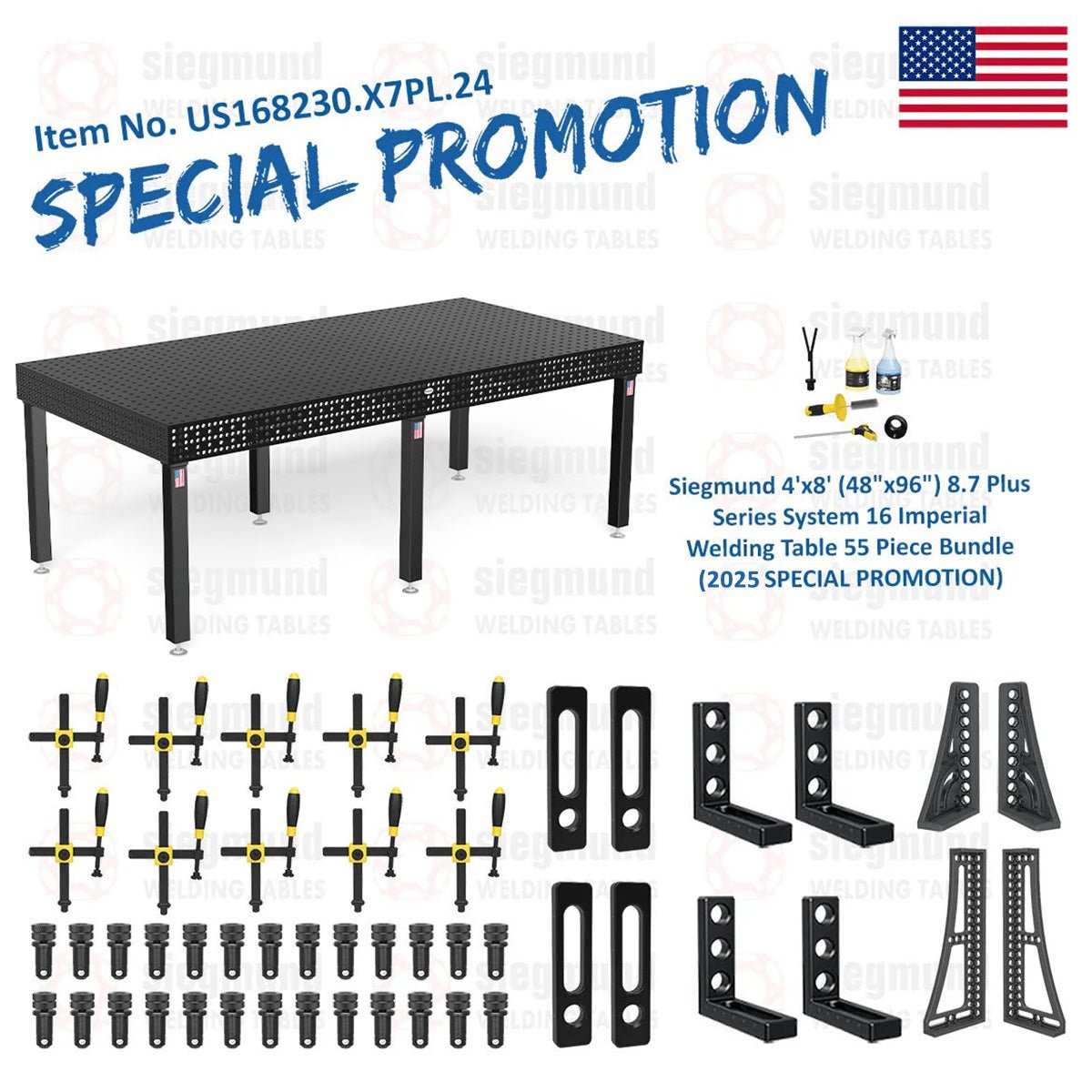 US168230.X7PL.24: Siegmund 4'x8' (48"x96") 8.7 Plus Series System 16 Imperial Welding Table 55 Piece Bundle (2025 SPECIAL PROMOTION) - System 16 Imperial Series Welding Tables by Siegmund - The Flattest, Most Reliable Welding Tables & Fixturing Accessories in the World