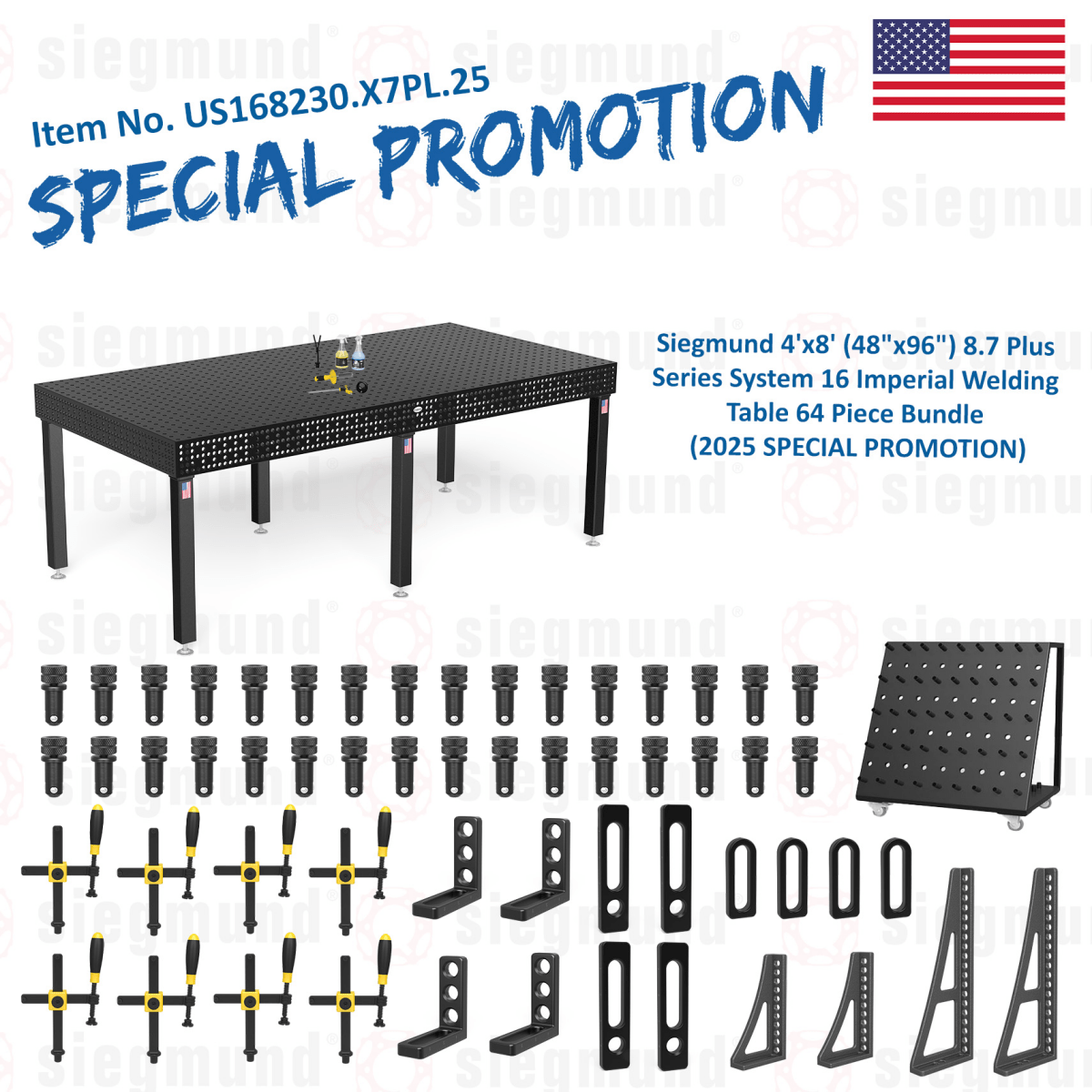 US168230.X7PL.25: Siegmund 4'x8' (48"x96") 8.7 Plus Series System 16 Imperial Welding Table 64 Piece Bundle (2025 SPECIAL PROMOTION) - System 16 Imperial Series Welding Tables by Siegmund - The Flattest, Most Reliable Welding Tables & Fixturing Accessories in the World