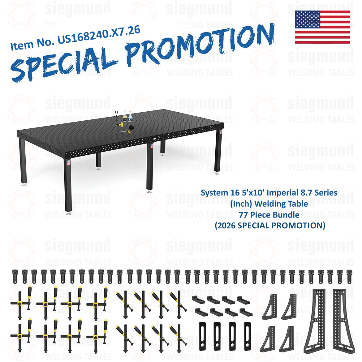 US168240.X7.26: System 16 5'x10' (60"x120") Imperial 8.7 Series (Inch) Welding Table 77 Piece Bundle (2026 SPECIAL PROMOTION) - System 16 Imperial Series Welding Tables by Siegmund - The Flattest, Most Reliable Welding Tables & Fixturing Accessories in the World