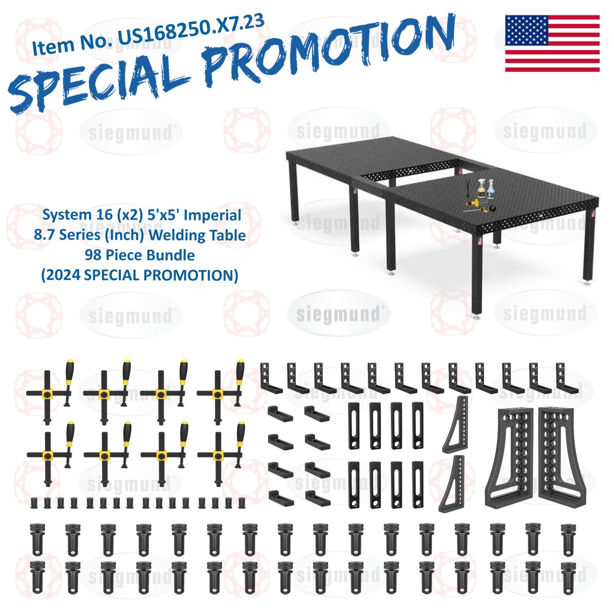 US168250.X7.23: System 16 (x2) 5'x5' (60"x60") Imperial 8.7 Series (Inch) Welding Table 98 Piece Bundle (2024 SPECIAL PROMOTION) - System 16 Imperial Series Welding Tables by Siegmund - The Flattest, Most Reliable Welding Tables & Fixturing Accessories in the World