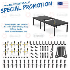 US168250.X7.23: System 16 (x2) 5'x5' (60"x60") Imperial 8.7 Series (Inch) Welding Table 98 Piece Bundle (2024 SPECIAL PROMOTION) - System 16 Imperial Series Welding Tables by Siegmund - The Flattest, Most Reliable Welding Tables & Fixturing Accessories in the World