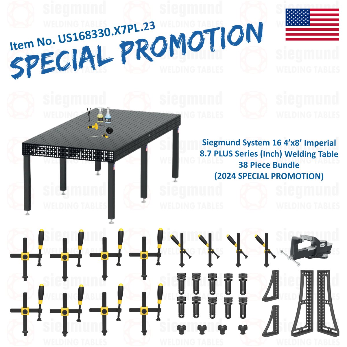 US168330.X7PL.23: Siegmund 4'x8' (48"x96") 8.7 Plus Series System 16 Imperial Welding Table 38 Piece Bundle (2024 SPECIAL PROMOTION) - System 16 Imperial Series Welding Tables by Siegmund - The Flattest, Most Reliable Welding Tables & Fixturing Accessories in the World