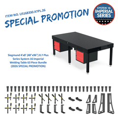 US168330.X7PL.26: Siegmund 4'x8' (48"x96") 8.7 Plus Series System 16 Imperial Welding Table 63 Piece Bundle (2026 SPECIAL PROMOTION) - System 16 Imperial Series Welding Tables by Siegmund - The Flattest, Most Reliable Welding Tables & Fixturing Accessories in the World