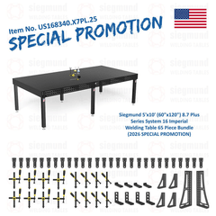US168340.X7PL.25: Siegmund 5'x10' (60"x120") 8.7 Plus Series System 16 Imperial Welding Table 65 Piece Bundle (2026 SPECIAL PROMOTION) - System 16 Imperial Series Welding Tables by Siegmund - The Flattest, Most Reliable Welding Tables & Fixturing Accessories in the World