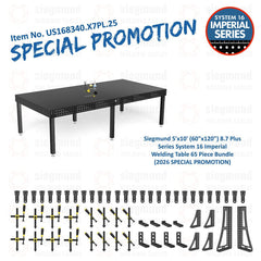 US168340.X7PL.25: Siegmund 5'x10' (60"x120") 8.7 Plus Series System 16 Imperial Welding Table 65 Piece Bundle (2026 SPECIAL PROMOTION) - System 16 Imperial Series Welding Tables by Siegmund - The Flattest, Most Reliable Welding Tables & Fixturing Accessories in the World