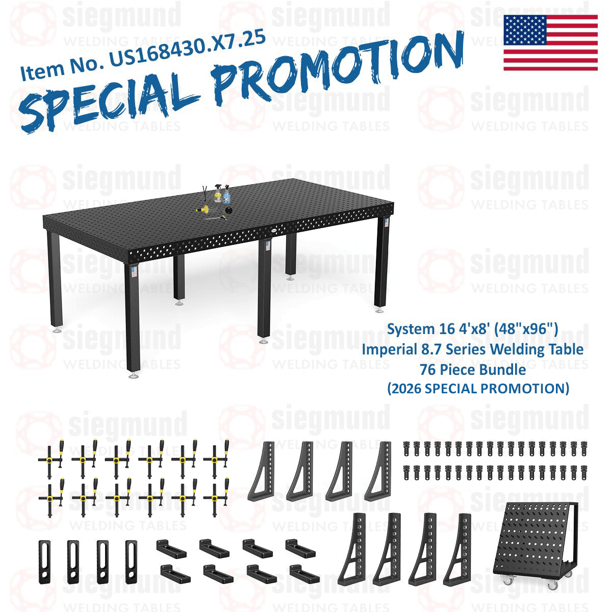 US168430.X7.25: System 16 4'x8' (48"x96") Imperial 8.7 Series (Inch) Welding Table 76 Piece Bundle (2026 SPECIAL PROMOTION) - System 16 Imperial Series Welding Tables by Siegmund - The Flattest, Most Reliable Welding Tables & Fixturing Accessories in the World