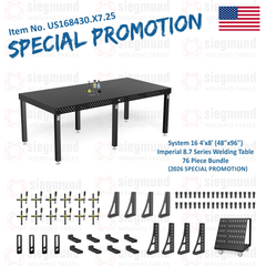 US168430.X7.25: System 16 4'x8' (48"x96") Imperial 8.7 Series (Inch) Welding Table 76 Piece Bundle (2026 SPECIAL PROMOTION) - System 16 Imperial Series Welding Tables by Siegmund - The Flattest, Most Reliable Welding Tables & Fixturing Accessories in the World