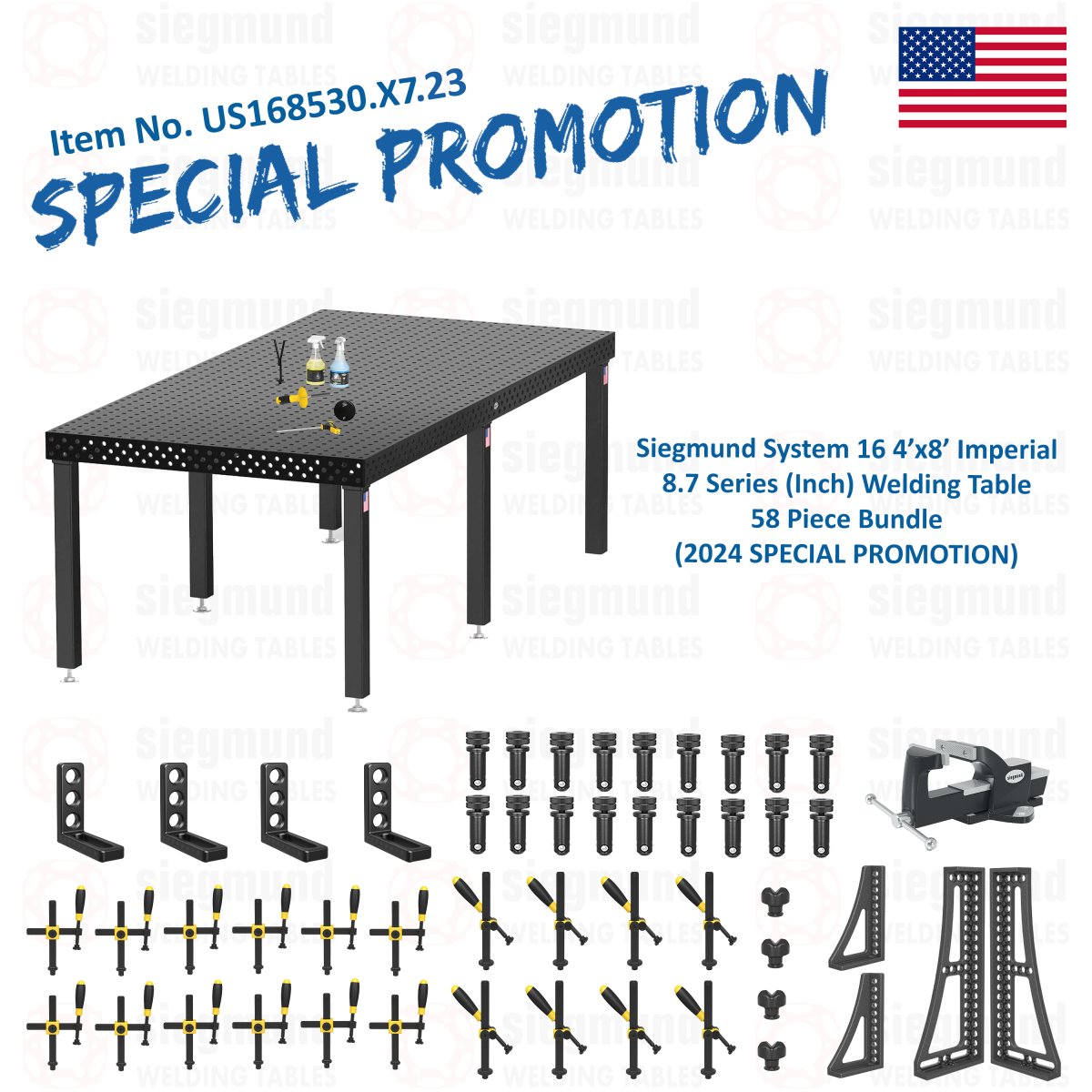 US168530.X7.23: System 16 4'x8' (48"x96") Imperial 8.7 Series (Inch) Welding Table 58 Piece Bundle (2024 SPECIAL PROMOTION) - System 16 Imperial Series Welding Tables by Siegmund - The Flattest, Most Reliable Welding Tables & Fixturing Accessories in the World