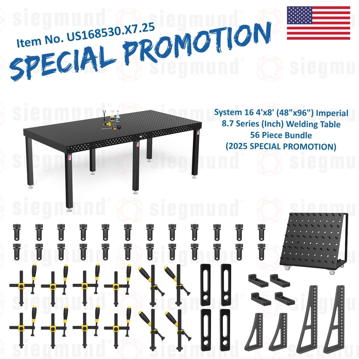 US168530.X7.25: System 16 4'x8' (48"x96") Imperial 8.7 Series (Inch) Welding Table 56 Piece Bundle (2025 SPECIAL PROMOTION) - System 16 Imperial Series Welding Tables by Siegmund - The Flattest, Most Reliable Welding Tables & Fixturing Accessories in the World