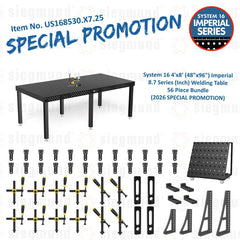 US168530.X7.25: System 16 4'x8' (48"x96") Imperial 8.7 Series (Inch) Welding Table 56 Piece Bundle (2026 SPECIAL PROMOTION) - System 16 Imperial Series Welding Tables by Siegmund - The Flattest, Most Reliable Welding Tables & Fixturing Accessories in the World