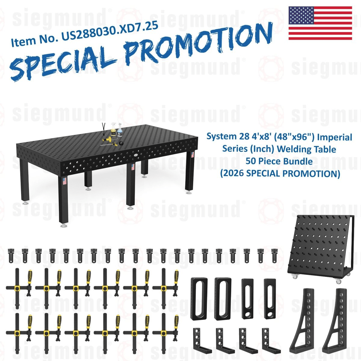 US288030.XD7.25: System 28 4'x8' (48"x96") Imperial Series (Inch) Welding Table 50 Piece Bundle (2026 SPECIAL PROMOTION) - System 28 Imperial Series Welding Tables by Siegmund - The Flattest, Most Reliable Welding Tables & Fixturing Accessories in the World