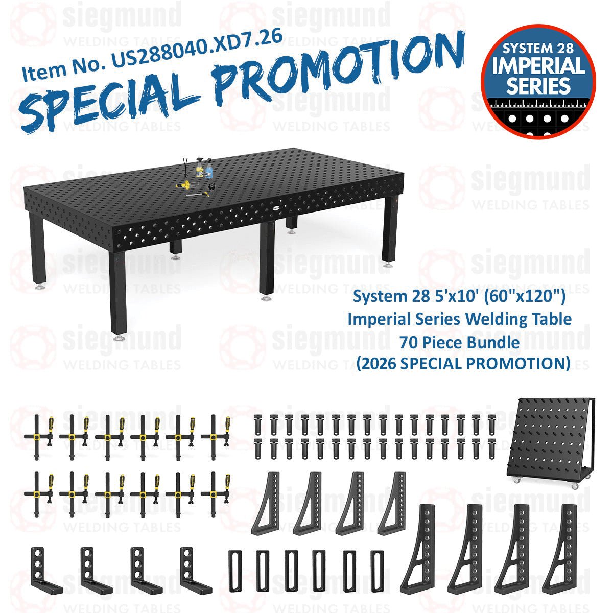 US288040.XD7.26: System 28 5'x10' (60"x120") Imperial Series (Inch) Welding Table 70 Piece Bundle (2026 SPECIAL PROMOTION) - System 28 Imperial Series Welding Tables by Siegmund - The Flattest, Most Reliable Welding Tables & Fixturing Accessories in the World