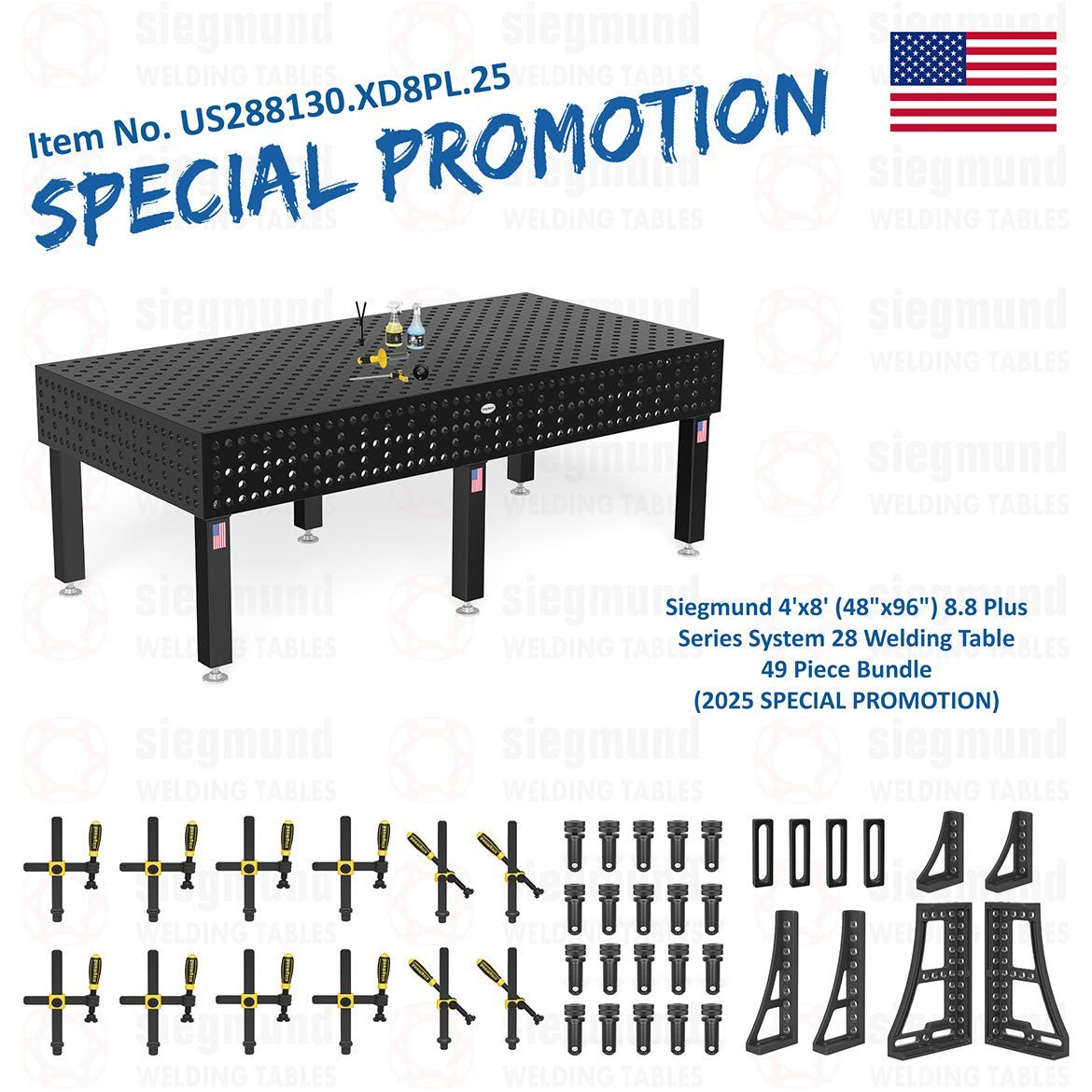 US288130.XD8PL.25: Siegmund 4'x8' (48"x96") 8.8 Plus Series System 28 Welding Table 49 Piece Bundle (2025 SPECIAL PROMOTION) - System 28 Imperial Series Welding Tables by Siegmund - The Flattest, Most Reliable Welding Tables & Fixturing Accessories in the World