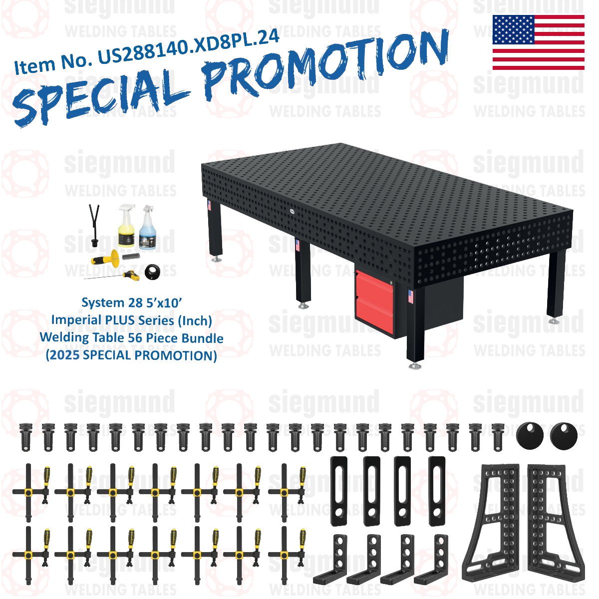 US288140.XD8PL.24: Siegmund 5'x10' (60"x120") 8.8 Plus Series System 28 Welding Table 56 Piece Bundle (2025 SPECIAL PROMOTION) - System 28 Imperial Series Welding Tables by Siegmund - The Flattest, Most Reliable Welding Tables & Fixturing Accessories in the World