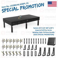 US288140.XD8PL.25: Siegmund 5'x10' (60"x120") 8.8 Plus Series System 28 Welding Table 58 Piece Bundle (2025 SPECIAL PROMOTION) - System 28 Imperial Series Welding Tables by Siegmund - The Flattest, Most Reliable Welding Tables & Fixturing Accessories in the World