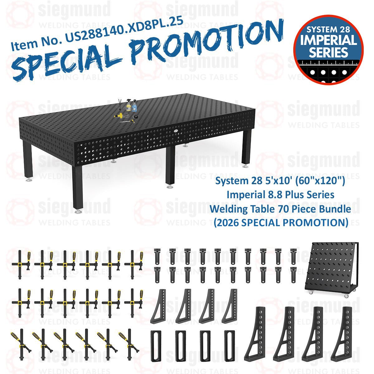 US288140.XD8PL.25: Siegmund 5'x10' (60"x120") 8.8 Plus Series System 28 Welding Table 58 Piece Bundle (2026 SPECIAL PROMOTION) - System 28 Imperial Series Welding Tables by Siegmund - The Flattest, Most Reliable Welding Tables & Fixturing Accessories in the World