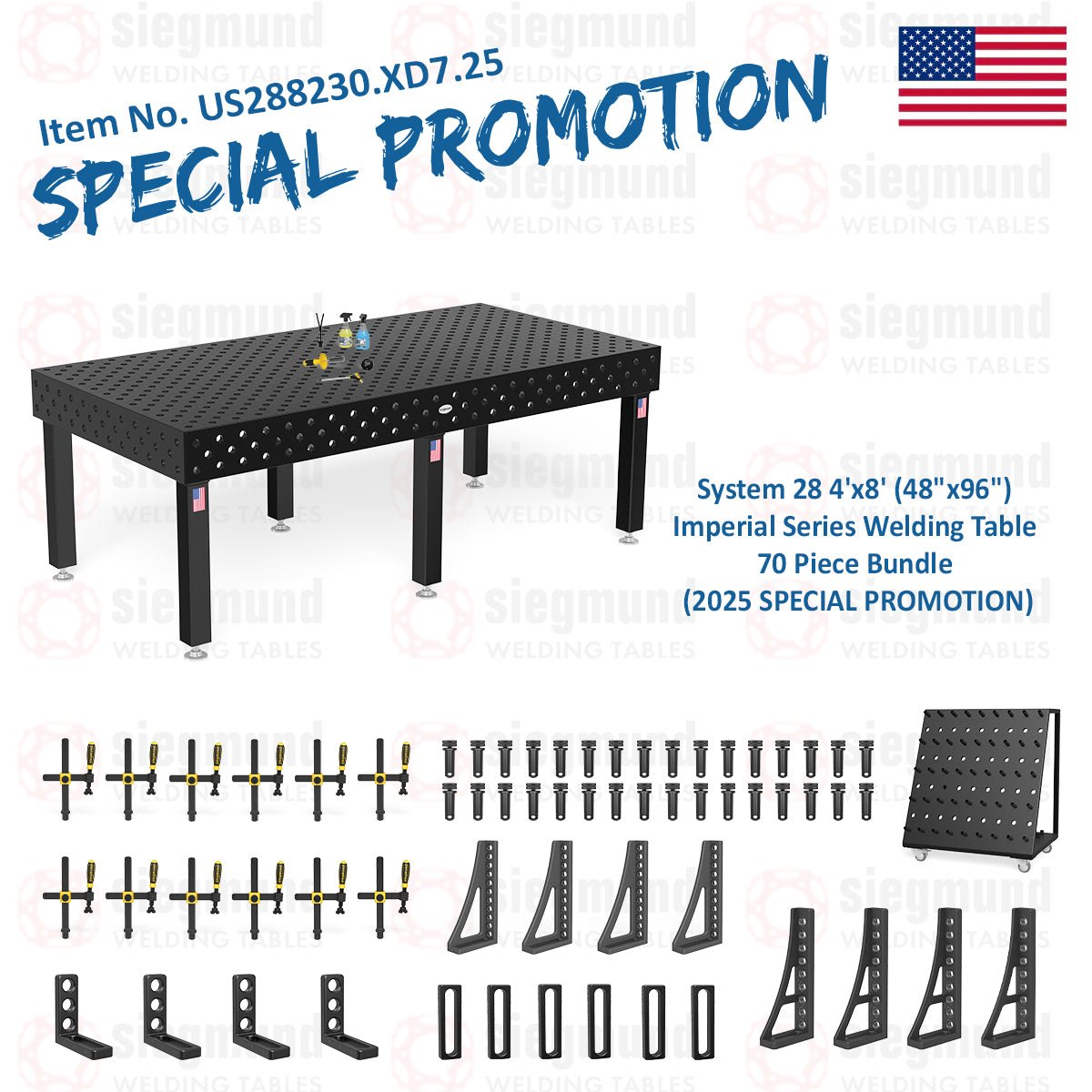 US288230.XD7.25: System 28 4'x8' (48"x96") Imperial Series (Inch) Welding Table 69 Piece Bundle (2025 SPECIAL PROMOTION) - System 28 Imperial Series Welding Tables by Siegmund - The Flattest, Most Reliable Welding Tables & Fixturing Accessories in the World