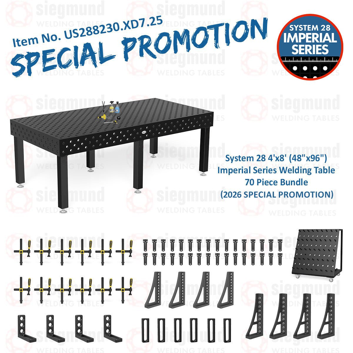 US288230.XD7.25: System 28 4'x8' (48"x96") Imperial Series (Inch) Welding Table 69 Piece Bundle (2026 SPECIAL PROMOTION) - System 28 Imperial Series Welding Tables by Siegmund - The Flattest, Most Reliable Welding Tables & Fixturing Accessories in the World