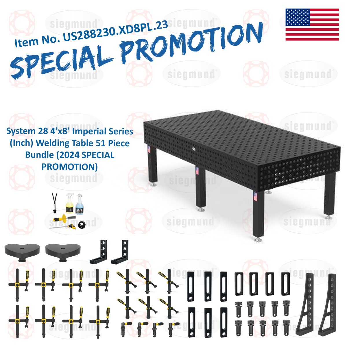 US288230.XD8PL.23: Siegmund 4'x8' (48"x96") 8.8 Plus Series System 28 Welding Table 51 Piece Bundle (2024 SPECIAL PROMOTION) - System 28 Imperial Series Welding Tables by Siegmund - The Flattest, Most Reliable Welding Tables & Fixturing Accessories in the World