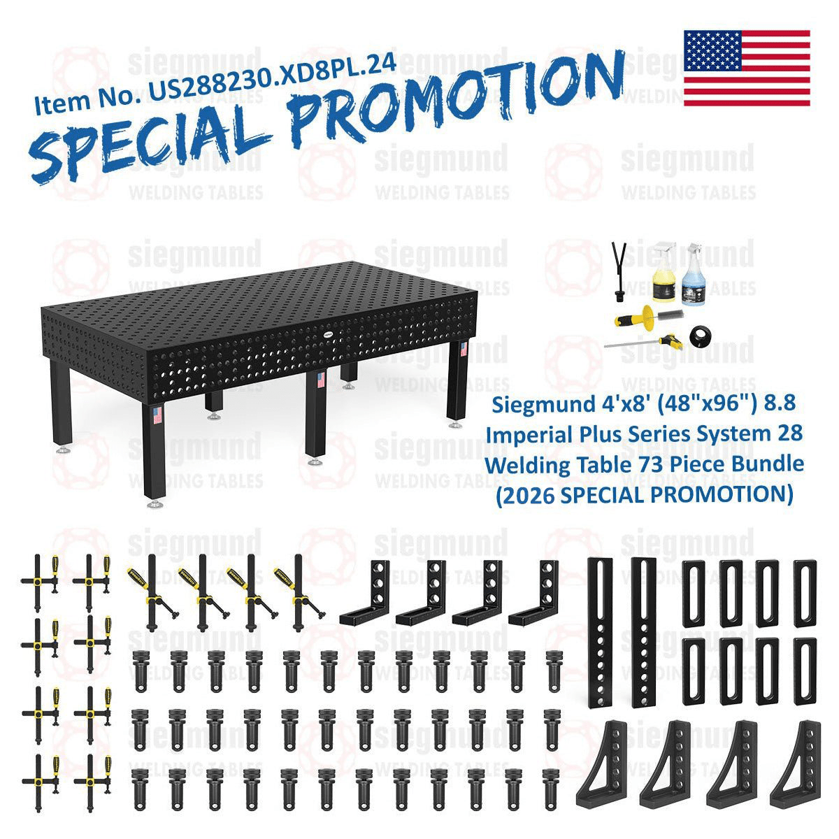US288230.XD8PL.24: Siegmund 4'x8' (48"x96") 8.8 Plus Series System 28 Welding Table 73 Piece Bundle (2026 SPECIAL PROMOTION) - System 28 Imperial Series Welding Tables by Siegmund - The Flattest, Most Reliable Welding Tables & Fixturing Accessories in the World