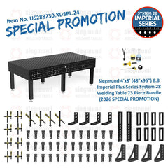 US288230.XD8PL.24: Siegmund 4'x8' (48"x96") 8.8 Plus Series System 28 Welding Table 73 Piece Bundle (2026 SPECIAL PROMOTION) - System 28 Imperial Series Welding Tables by Siegmund - The Flattest, Most Reliable Welding Tables & Fixturing Accessories in the World