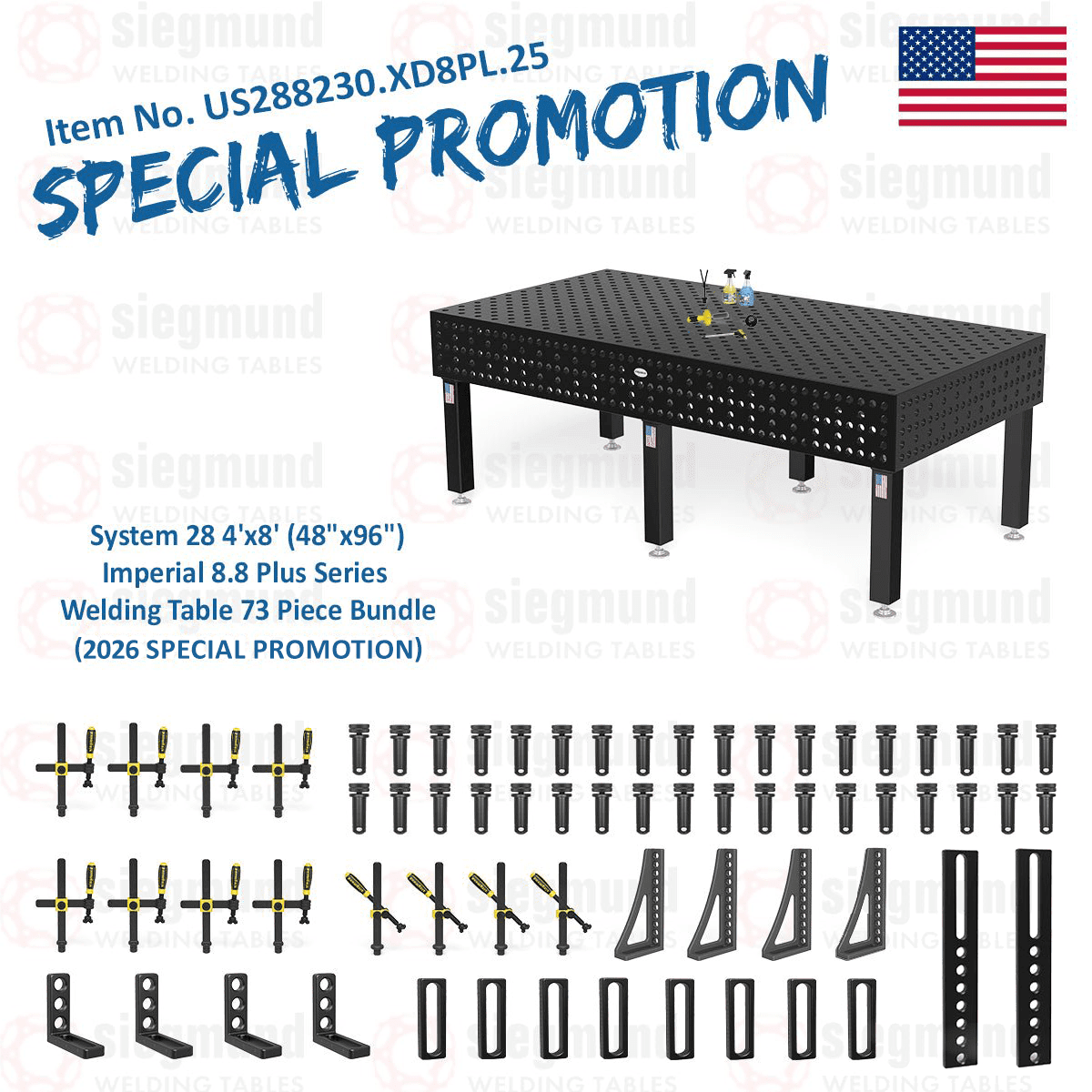 US288230.XD8PL.25: Siegmund 4'x8' (48"x96") 8.8 Plus Series System 28 Welding Table 73 Piece Bundle (2026 SPECIAL PROMOTION) - System 28 Imperial Series Welding Tables by Siegmund - The Flattest, Most Reliable Welding Tables & Fixturing Accessories in the World