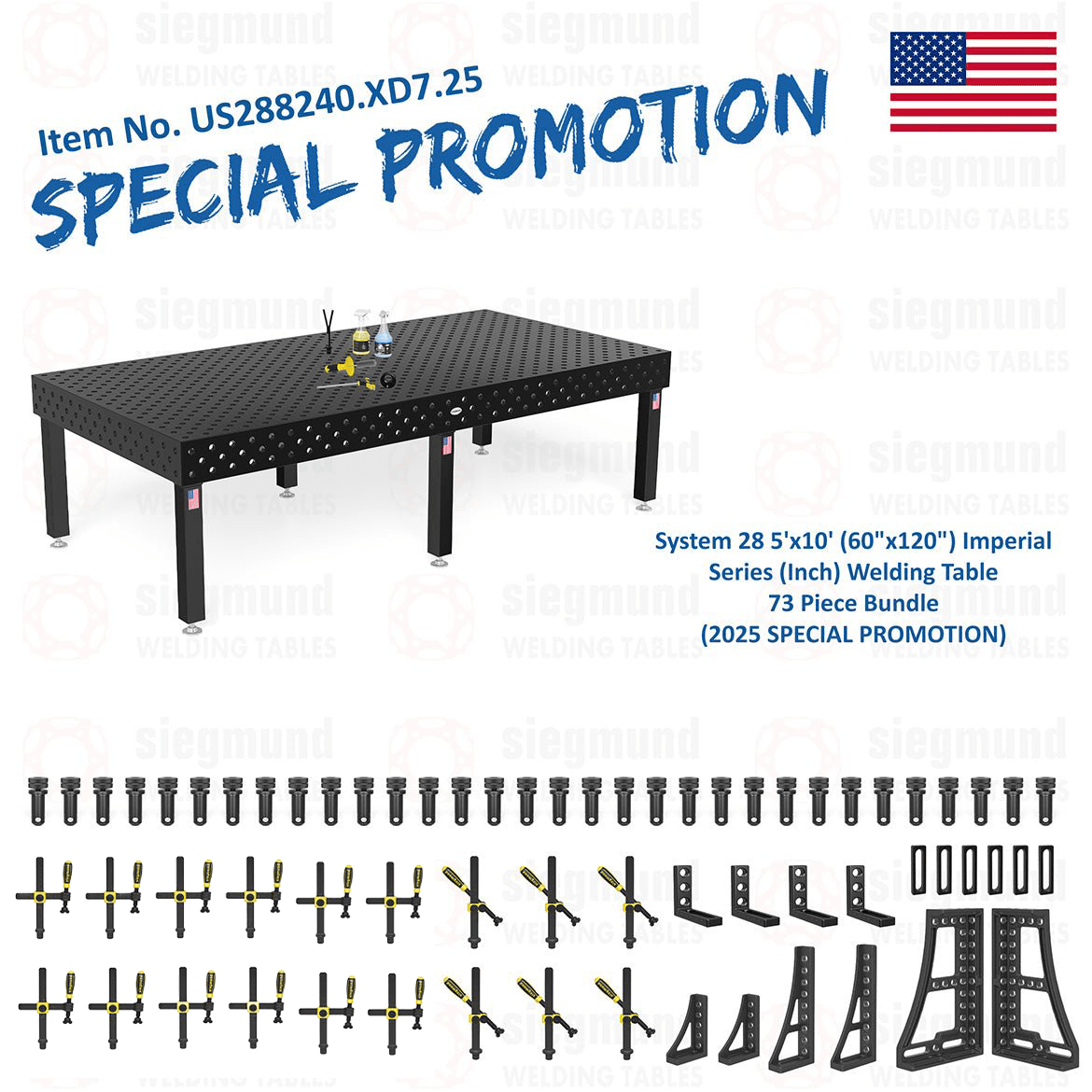 US288240.XD7.25: System 28 5'x10' (60"x120") Imperial Series (Inch) Welding Table 73 Piece Bundle (2025 SPECIAL PROMOTION) - System 28 Imperial Series Welding Tables by Siegmund - The Flattest, Most Reliable Welding Tables & Fixturing Accessories in the World