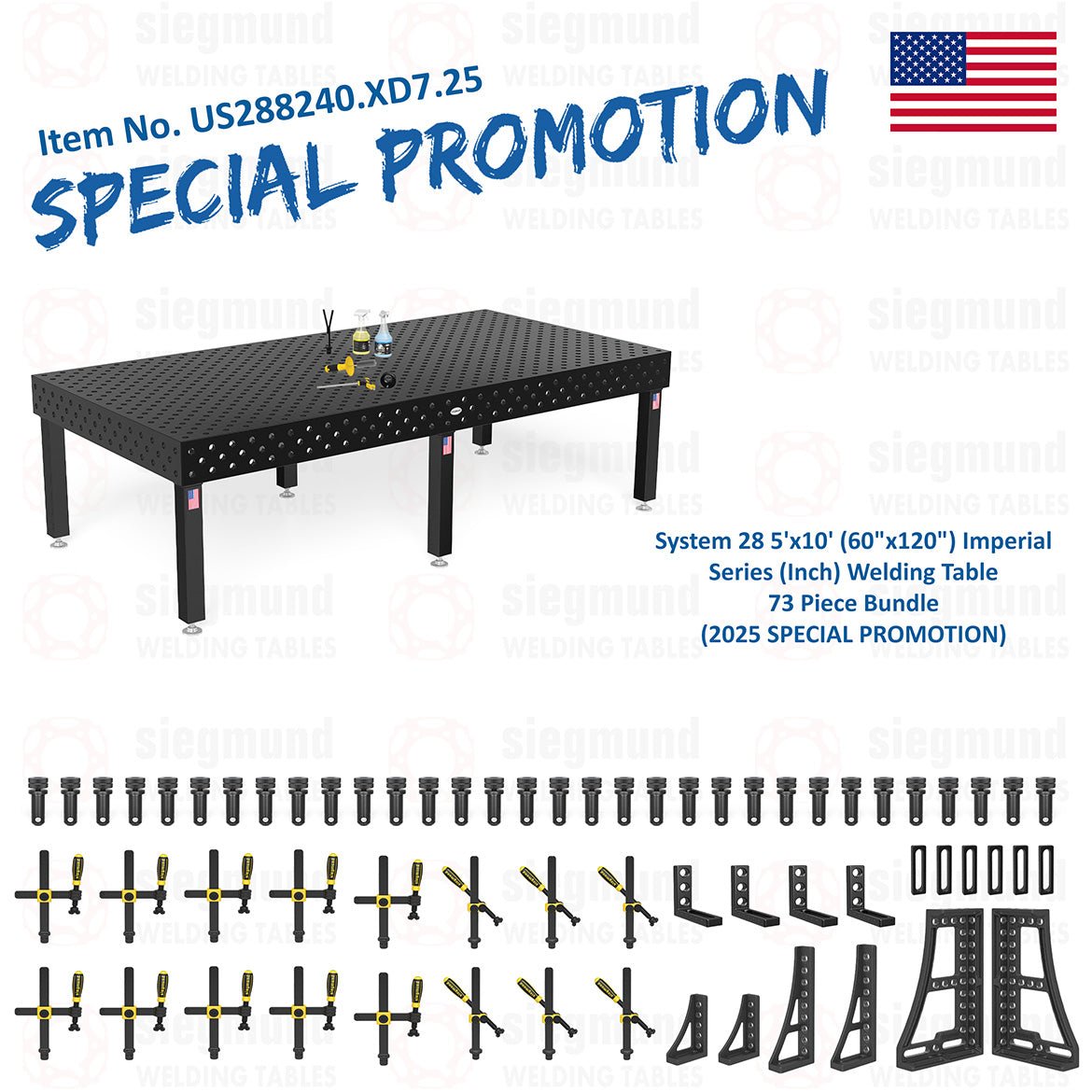 US288240.XD7.25: System 28 5'x10' (60"x120") Imperial Series (Inch) Welding Table 73 Piece Bundle (2025 SPECIAL PROMOTION) - System 28 Imperial Series Welding Tables by Siegmund - The Flattest, Most Reliable Welding Tables & Fixturing Accessories in the World