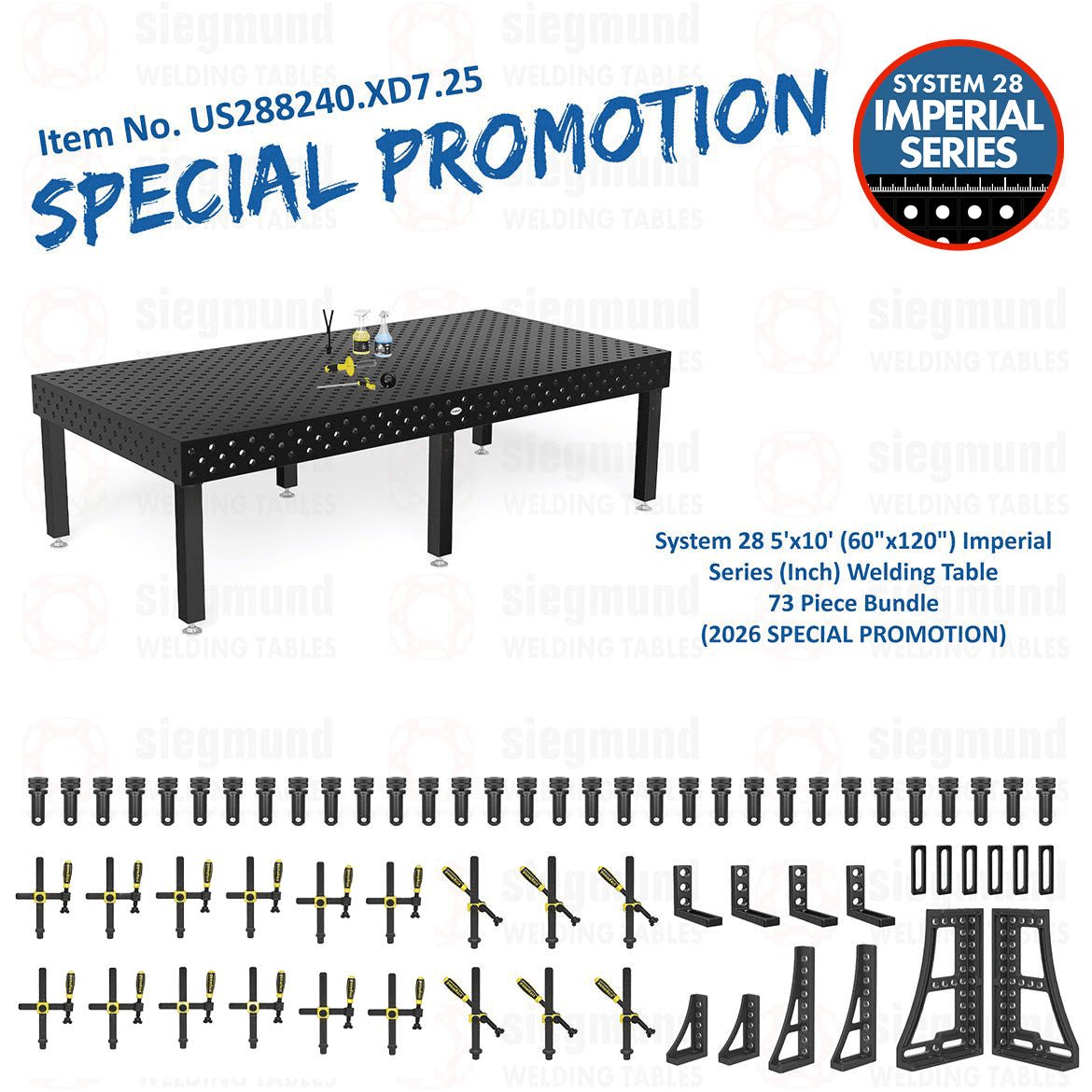 US288240.XD7.25: System 28 5'x10' (60"x120") Imperial Series (Inch) Welding Table 73 Piece Bundle (2026 SPECIAL PROMOTION) - System 28 Imperial Series Welding Tables by Siegmund - The Flattest, Most Reliable Welding Tables & Fixturing Accessories in the World