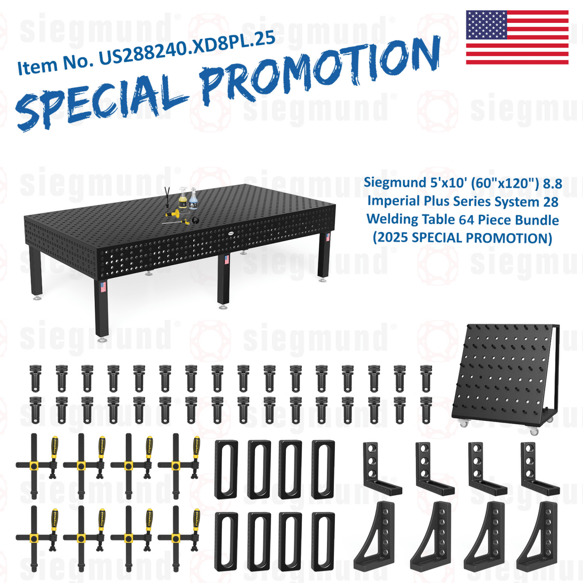 US288240.XD8PL.25: Siegmund 5'x10' (60"x120") 8.8 Plus Series System 28 Welding Table 63 Piece Bundle (2025 SPECIAL PROMOTION) - System 28 Imperial Series Welding Tables by Siegmund - The Flattest, Most Reliable Welding Tables & Fixturing Accessories in the World