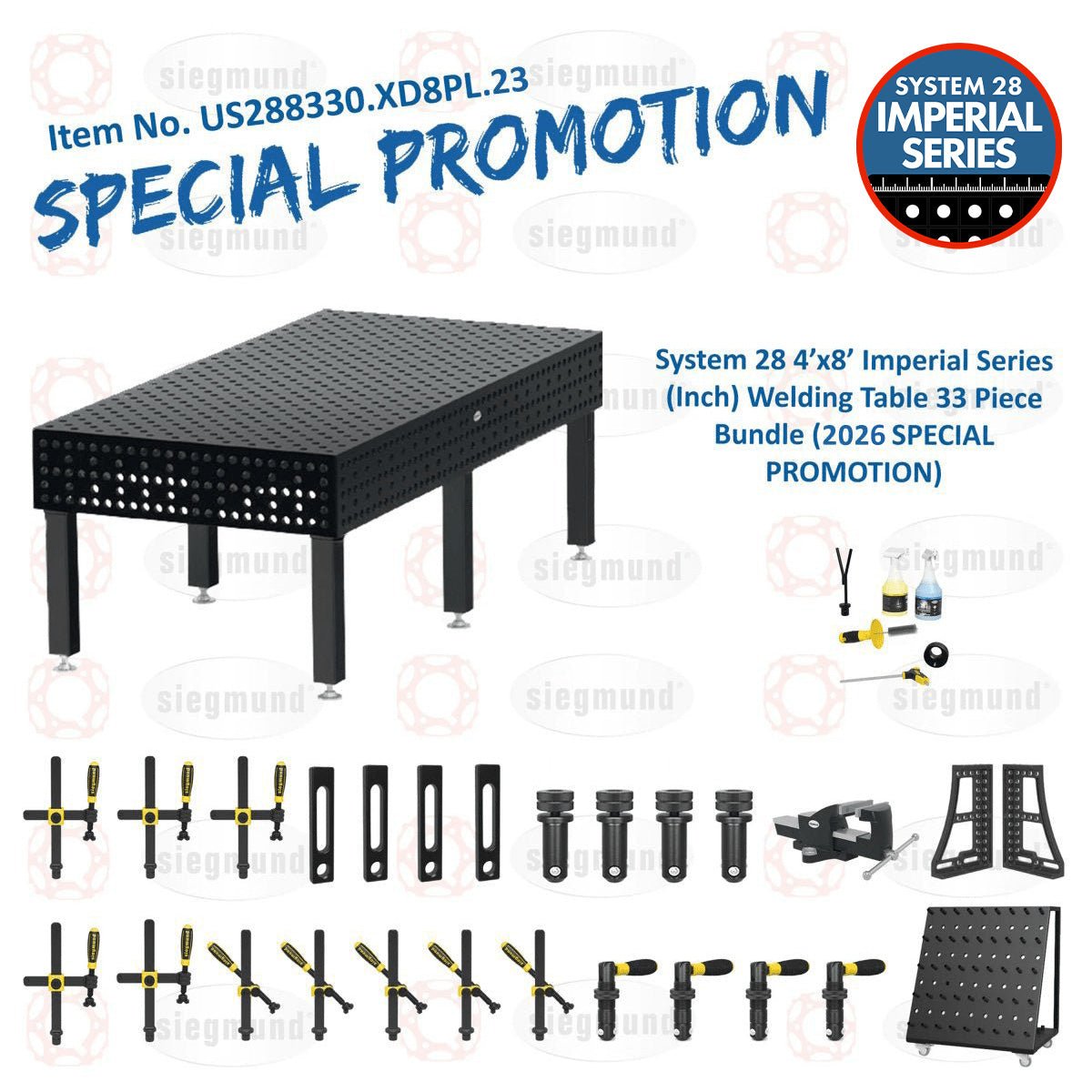 US288330.XD8PL.23: Siegmund 4'x8' (48"x96") 8.8 Plus Series System 28 Welding Table 33 Piece Bundle (2026 SPECIAL PROMOTION) - System 28 Imperial Series Welding Tables by Siegmund - The Flattest, Most Reliable Welding Tables & Fixturing Accessories in the World
