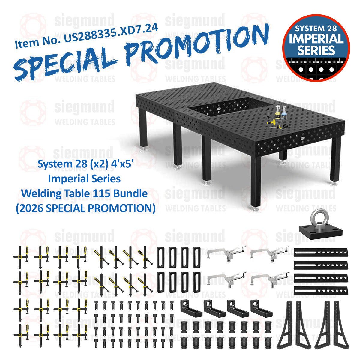 US288335.XD7.24: System 28 (x2) 4'x5' (48"x60") Imperial Series (Inch) Dual Welding Table Setup 115 Bundle (2026 SPECIAL PROMOTION) - System 28 Imperial Series Welding Tables by Siegmund - The Flattest, Most Reliable Welding Tables & Fixturing Accessories in the World
