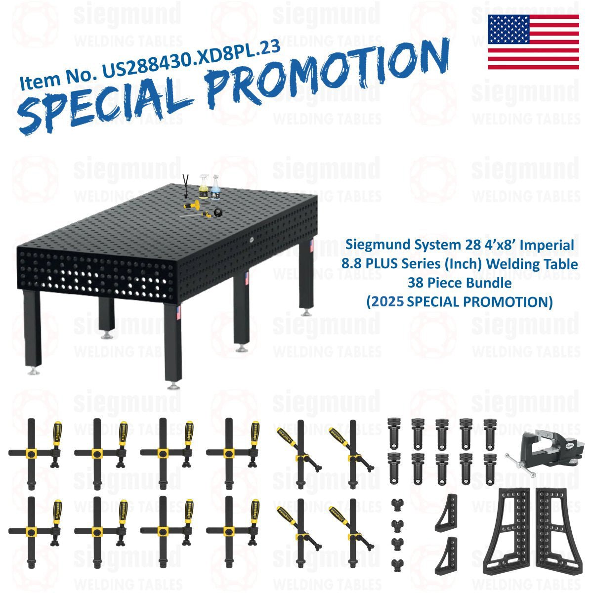 US288430.XD8PL.23: Siegmund 4'x8' (48"x96") 8.8 Imperial Plus Series System 28 Welding Table 38 Piece Bundle (2025 SPECIAL PROMOTION) - System 28 Imperial Series Welding Tables by Siegmund - The Flattest, Most Reliable Welding Tables & Fixturing Accessories in the World