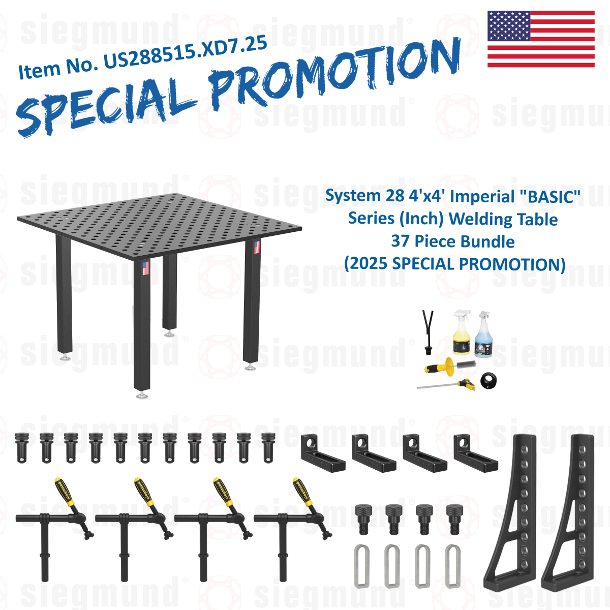 US288515.XD7.25: System 28 4'x4' Imperial "BASIC" Series (Inch) Welding Table 37 Piece Bundle (2025 SPECIAL PROMOTION) - System 28 Imperial Series Welding Tables by Siegmund - The Flattest, Most Reliable Welding Tables & Fixturing Accessories in the World