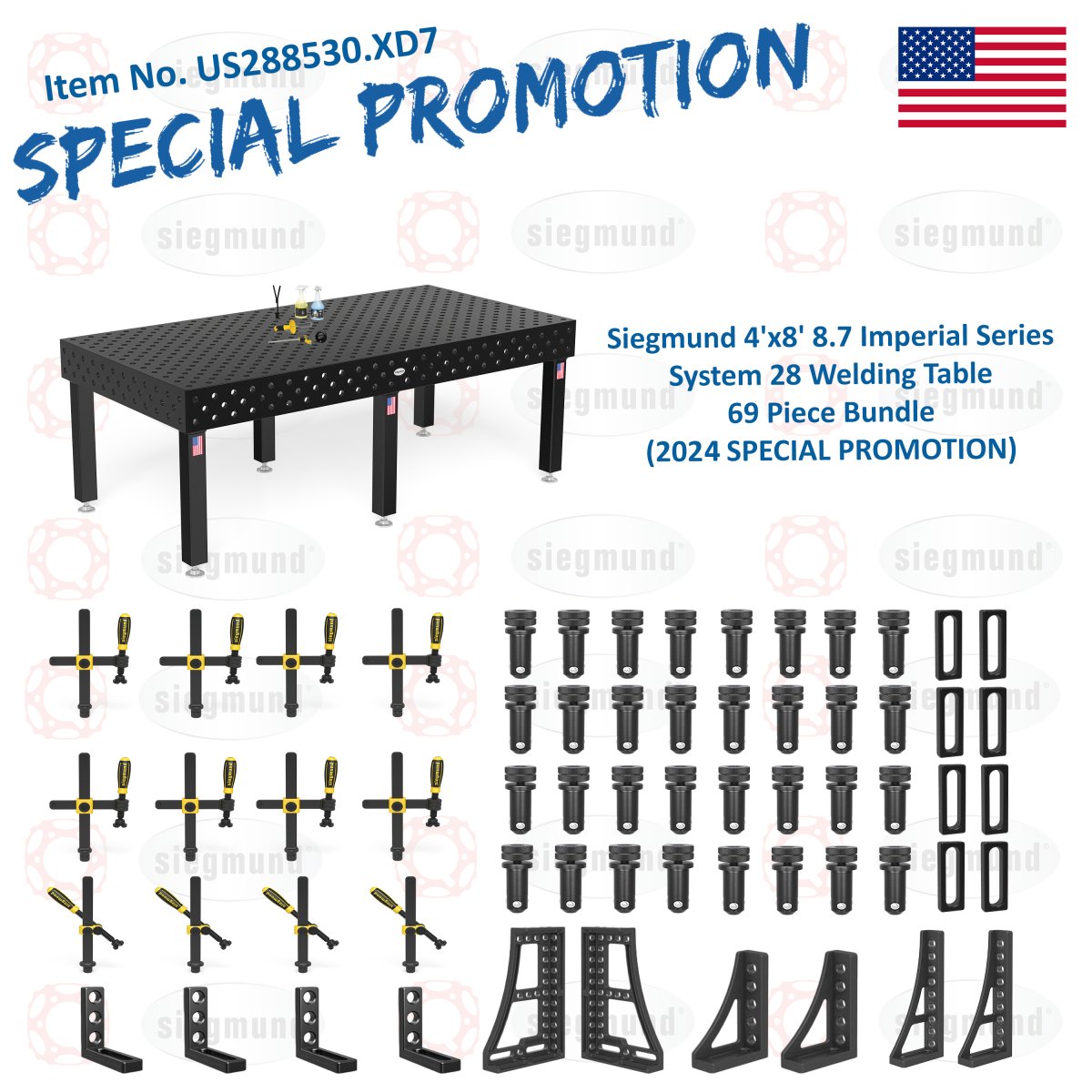 US288530.XD7: System 28 4'x8' (48"x96") Imperial Series (Inch) Welding Table 69 Piece Bundle (2024 SPECIAL PROMOTION) - System 28 Imperial Series Welding Tables by Siegmund - The Flattest, Most Reliable Welding Tables & Fixturing Accessories in the World