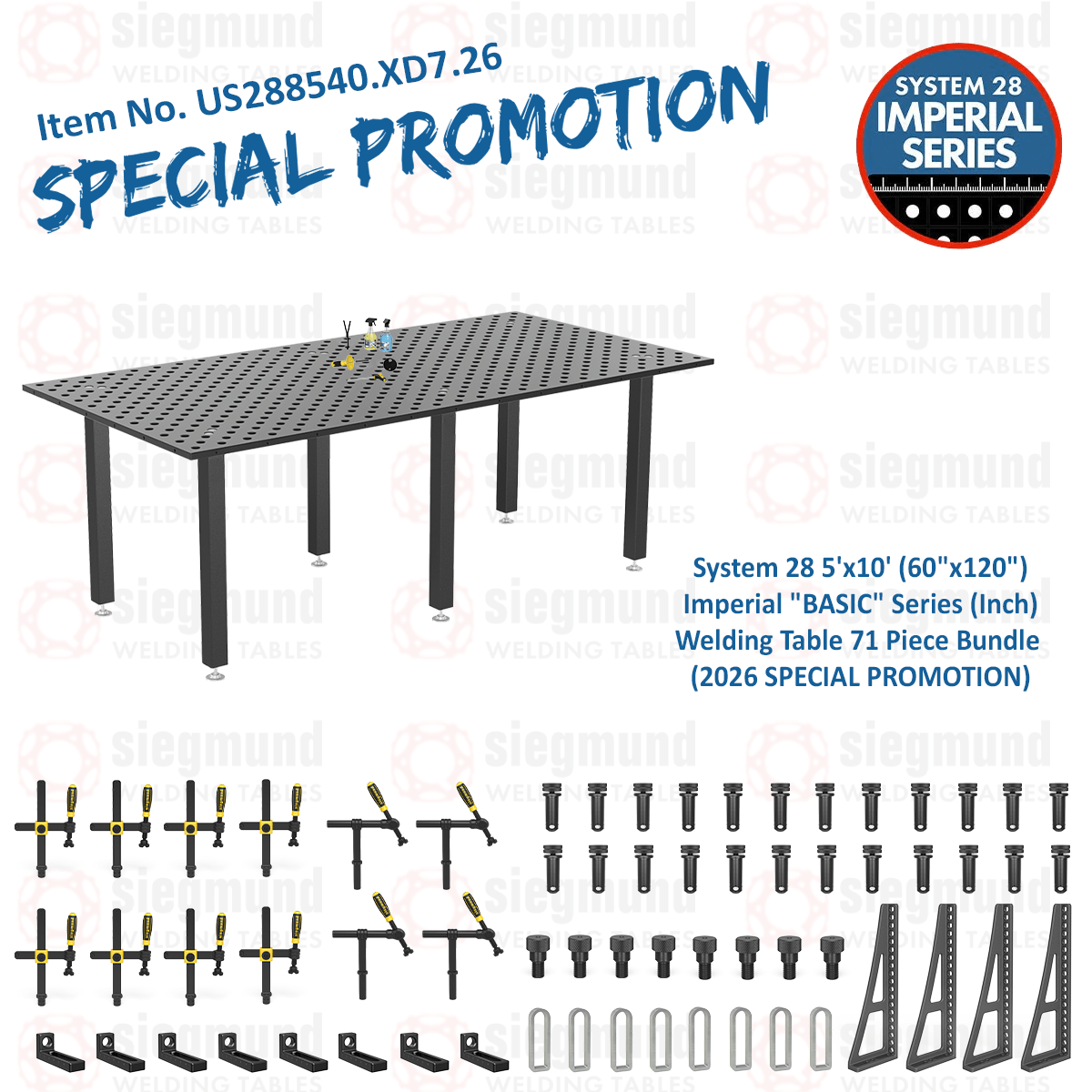 US288540.XD7.26: System 28 5'x10' (60"x120") Imperial "BASIC" Series (Inch) Welding Table 71 Piece Bundle (2026 SPECIAL PROMOTION) - System 28 Imperial Series Welding Tables by Siegmund - The Flattest, Most Reliable Welding Tables & Fixturing Accessories in the World