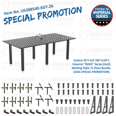 US288540.XD7.26: System 28 5'x10' (60"x120") Imperial "BASIC" Series (Inch) Welding Table 71 Piece Bundle (2026 SPECIAL PROMOTION) - System 28 Imperial Series Welding Tables by Siegmund - The Flattest, Most Reliable Welding Tables & Fixturing Accessories in the World