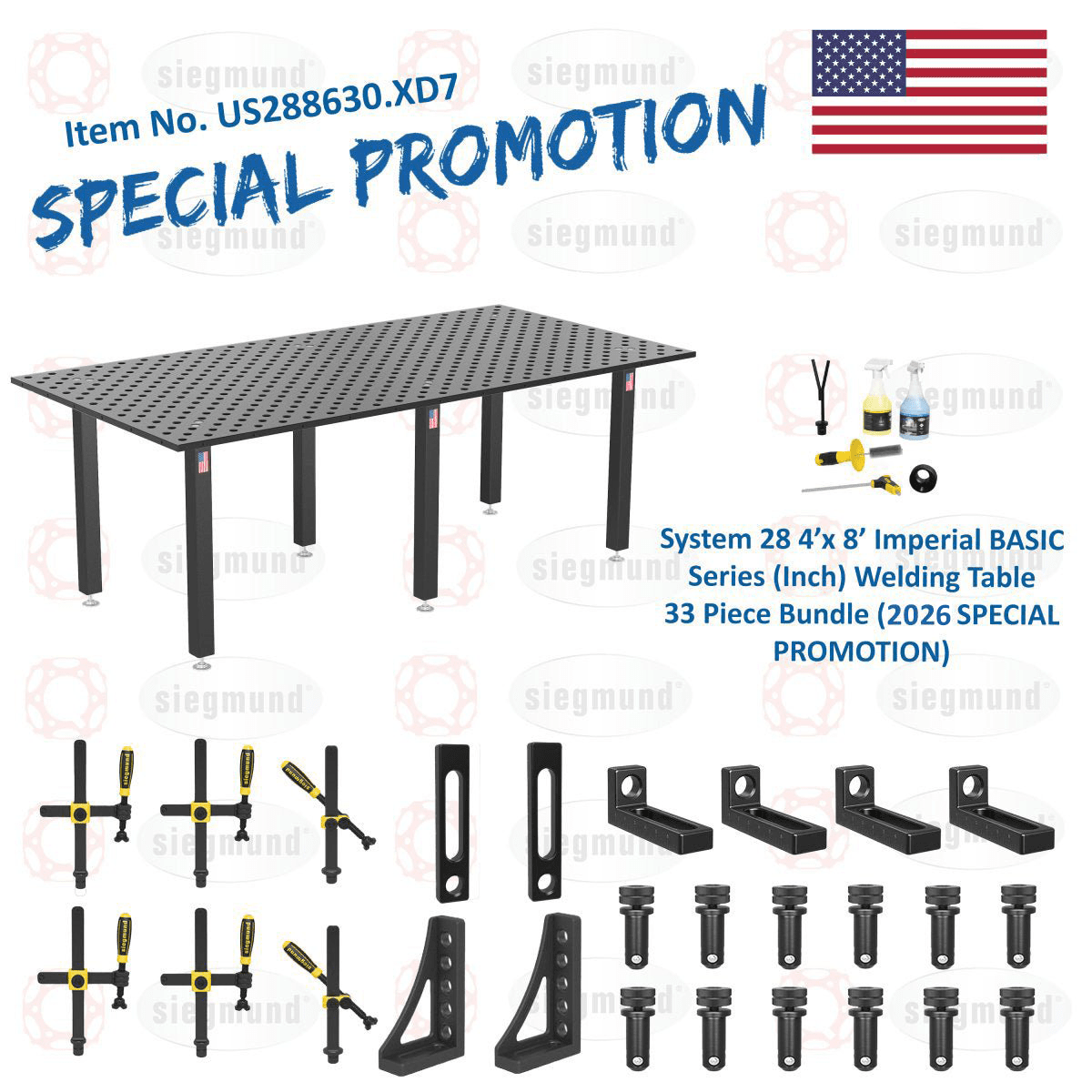 US288630.XD7: System 28 4'x8' (48"x96") Imperial "BASIC" Series (Inch) Welding Table 33 Piece Bundle (2026 SPECIAL PROMOTION) - System 28 Imperial Series Welding Tables by Siegmund - The Flattest, Most Reliable Welding Tables & Fixturing Accessories in the World