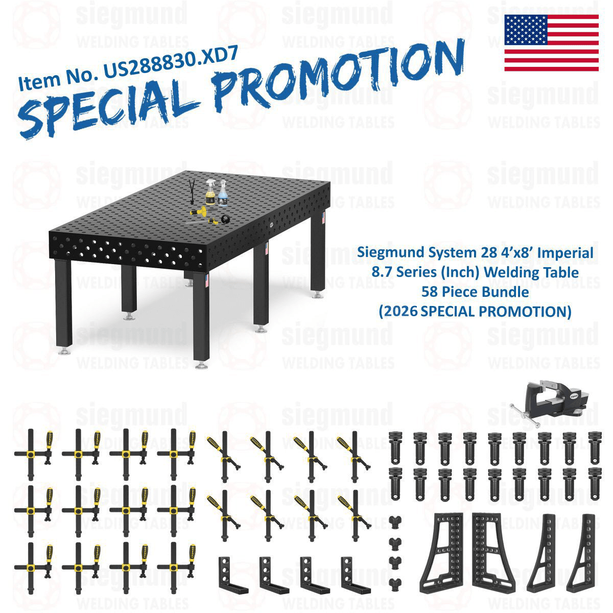 US288830.XD7: System 28 4'x8' (48"x96") Imperial Series (Inch) Welding Table 58 Piece Bundle (2026 SPECIAL PROMOTION) - System 28 Imperial Series Welding Tables by Siegmund - The Flattest, Most Reliable Welding Tables & Fixturing Accessories in the World