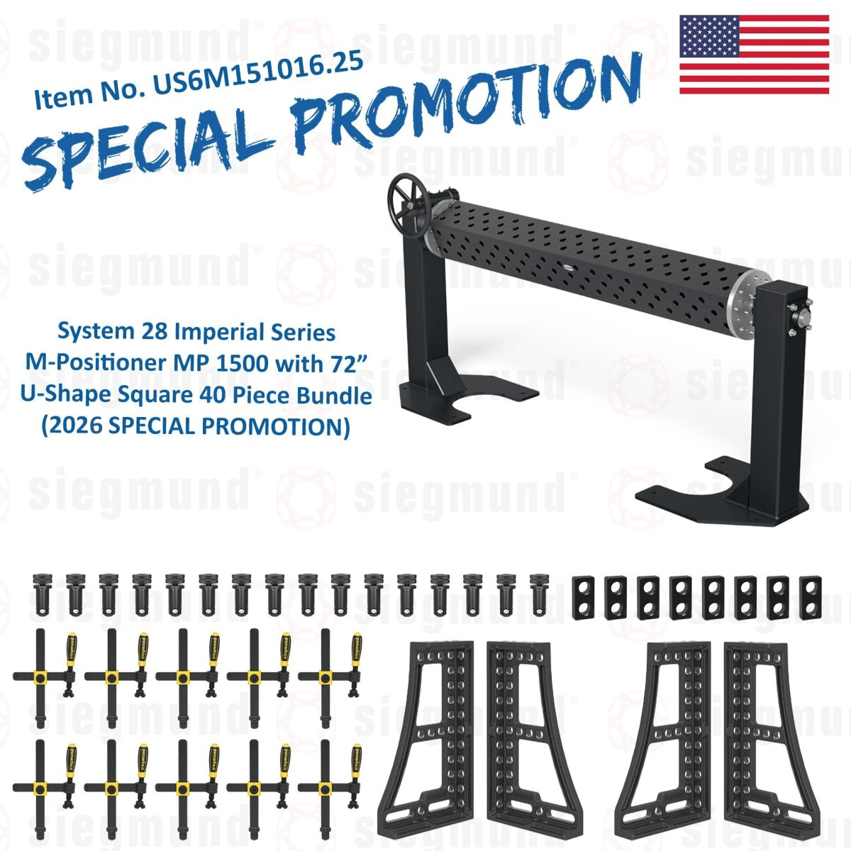 US6M151016.25: System 28 Imperial Series M - Positioner MP 1500 with 72” U - Shape Square - 40 Piece Bundle (2026 SPECIAL PROMOTION) - System 28 Imperial Series Welding Tables by Siegmund - The Flattest, Most Reliable Welding Tables & Fixturing Accessories in the World