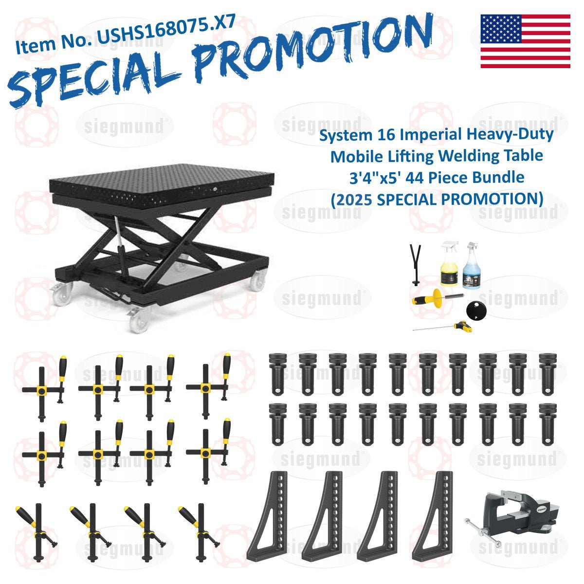 USHS168075.X7: Siegmund Imperial System 16 Heavy - Duty Mobile Lifting Welding Table 3'4"x5' (40"X60") 44 Piece Bundle (2025 SPECIAL PROMOTION) - 16mm Imperial Series Welding Table Accessories by Siegmund - The Flattest, Most Reliable Welding Tables & Fixturing Accessories in the World