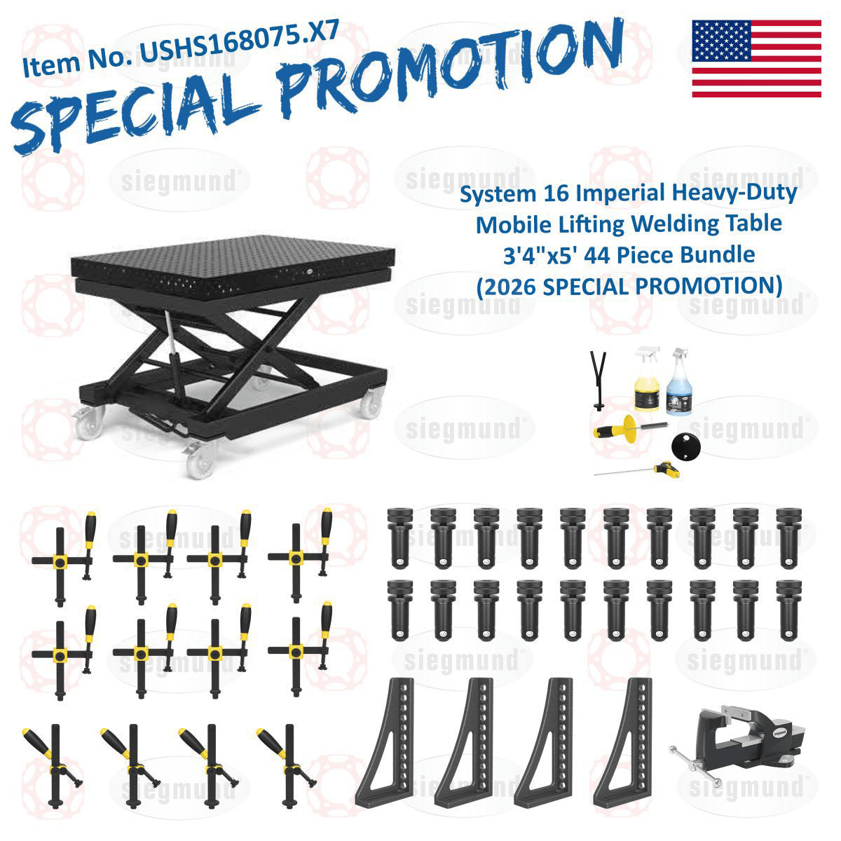 USHS168075.X7: Siegmund Imperial System 16 Heavy - Duty Mobile Lifting Welding Table 3'4"x5' (40"X60") 44 Piece Bundle (2026 SPECIAL PROMOTION) - 16mm Imperial Series Welding Table Accessories by Siegmund - The Flattest, Most Reliable Welding Tables & Fixturing Accessories in the World