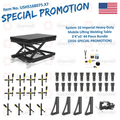 USHS168075.X7: Siegmund Imperial System 16 Heavy - Duty Mobile Lifting Welding Table 3'4"x5' (40"X60") 44 Piece Bundle (2026 SPECIAL PROMOTION) - 16mm Imperial Series Welding Table Accessories by Siegmund - The Flattest, Most Reliable Welding Tables & Fixturing Accessories in the World