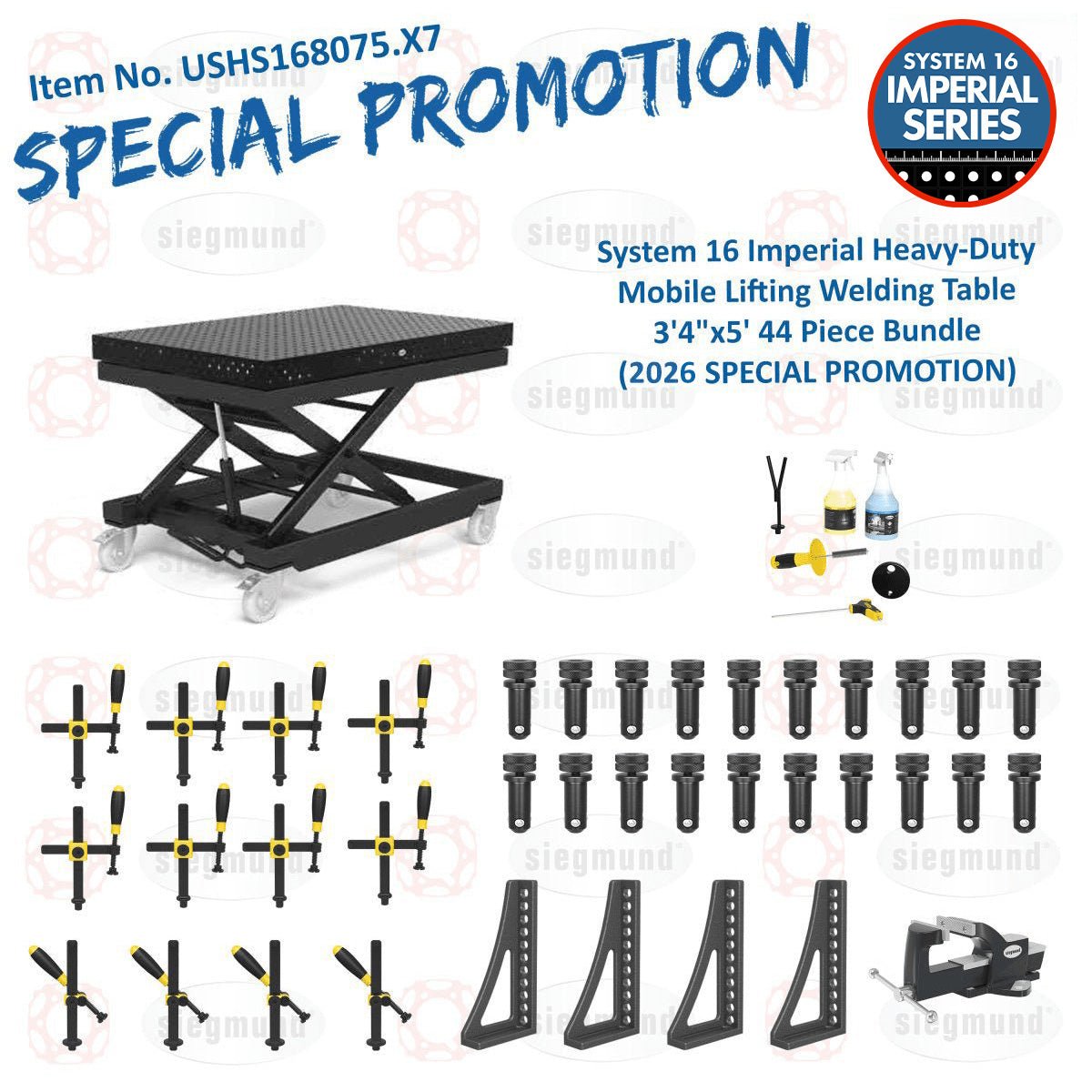 USHS168075.X7: Siegmund Imperial System 16 Heavy-Duty Mobile Lifting Welding Table 3'4"x5' (40"X60") 44 Piece Bundle (2026 SPECIAL PROMOTION) - 16mm Imperial Series Welding Table Accessories by Siegmund - The Flattest, Most Reliable Welding Tables & Fixturing Accessories in the World