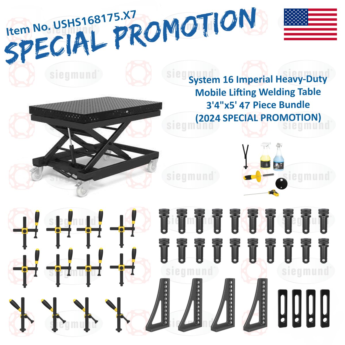 USHS168175.X7: Siegmund Imperial System 16 Heavy - Duty Mobile Lifting Welding Table 3'4"x5' (40"x60") 47 Piece Bundle (2024 SPECIAL PROMOTION) - 16mm Imperial Series Welding Table Accessories by Siegmund - The Flattest, Most Reliable Welding Tables & Fixturing Accessories in the World