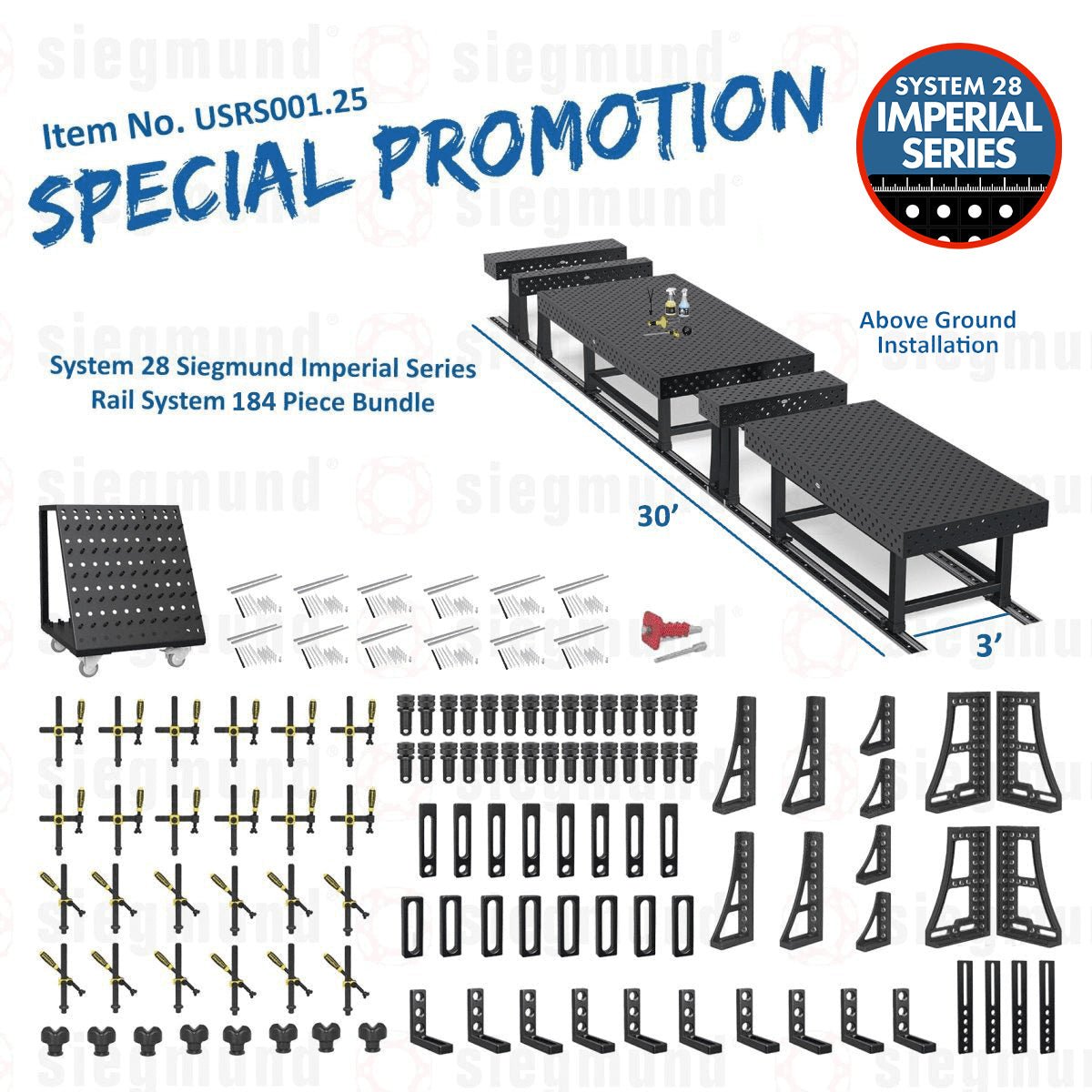USRS001.25: System 28 Siegmund Imperial Above Ground Rail System 184 Piece Bundle (2026 SPECIAL PROMOTION) - System 28 Imperial Series Welding Tables by Siegmund - The Flattest, Most Reliable Welding Tables & Fixturing Accessories in the World