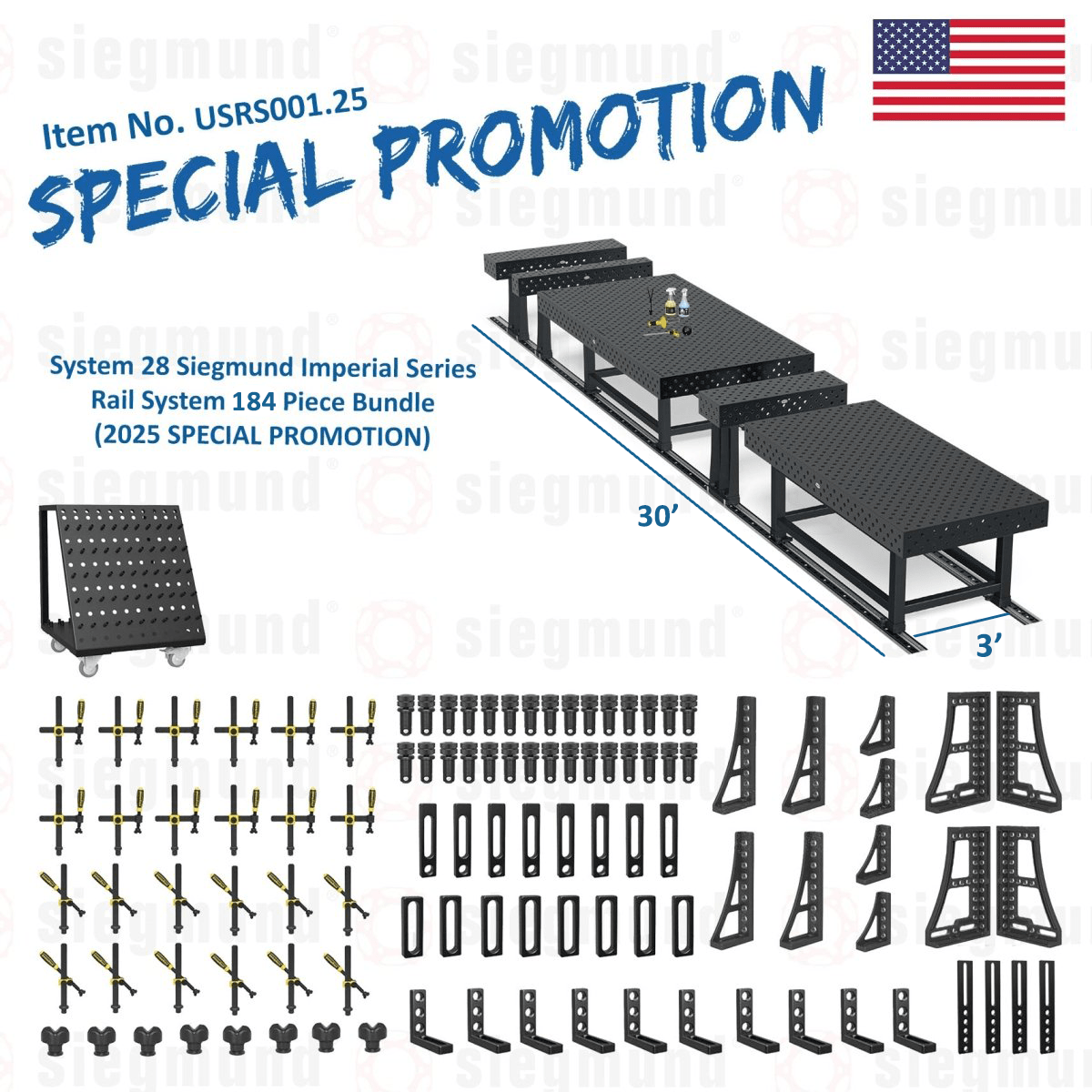 USRS001.25: System 28 Siegmund Imperial Rail System 184 Piece Bundle (2025 SPECIAL PROMOTION) - System 28 Imperial Series Welding Tables by Siegmund - The Flattest, Most Reliable Welding Tables & Fixturing Accessories in the World