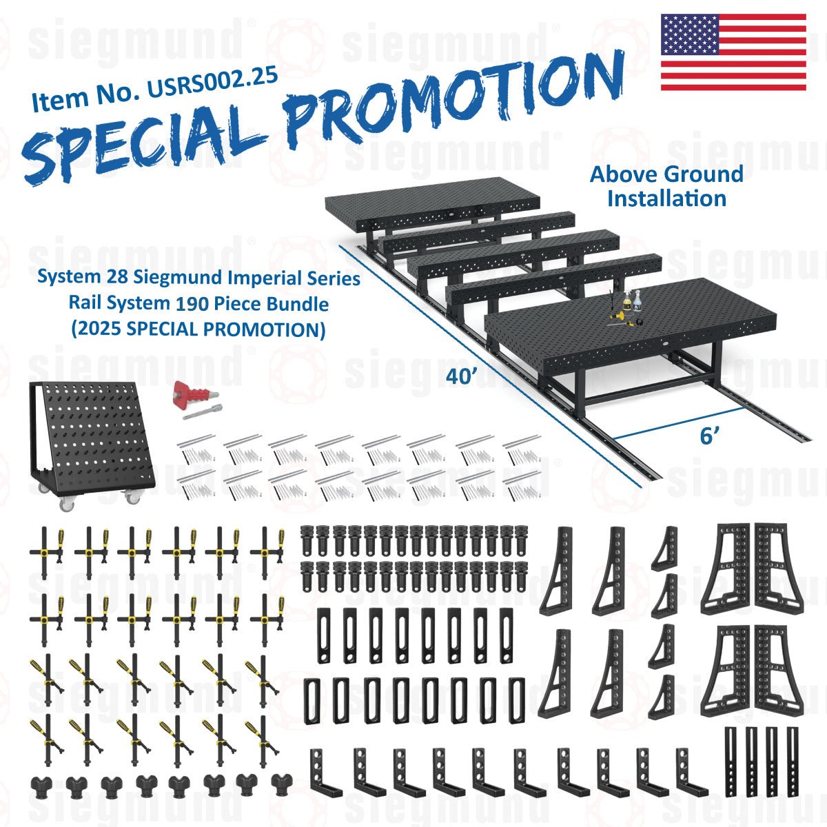 USRS002.25: System 28 Siegmund Imperial Above Ground Rail System 190 Piece Bundle (2025 SPECIAL PROMOTION) - System 28 Imperial Series Welding Tables by Siegmund - The Flattest, Most Reliable Welding Tables & Fixturing Accessories in the World